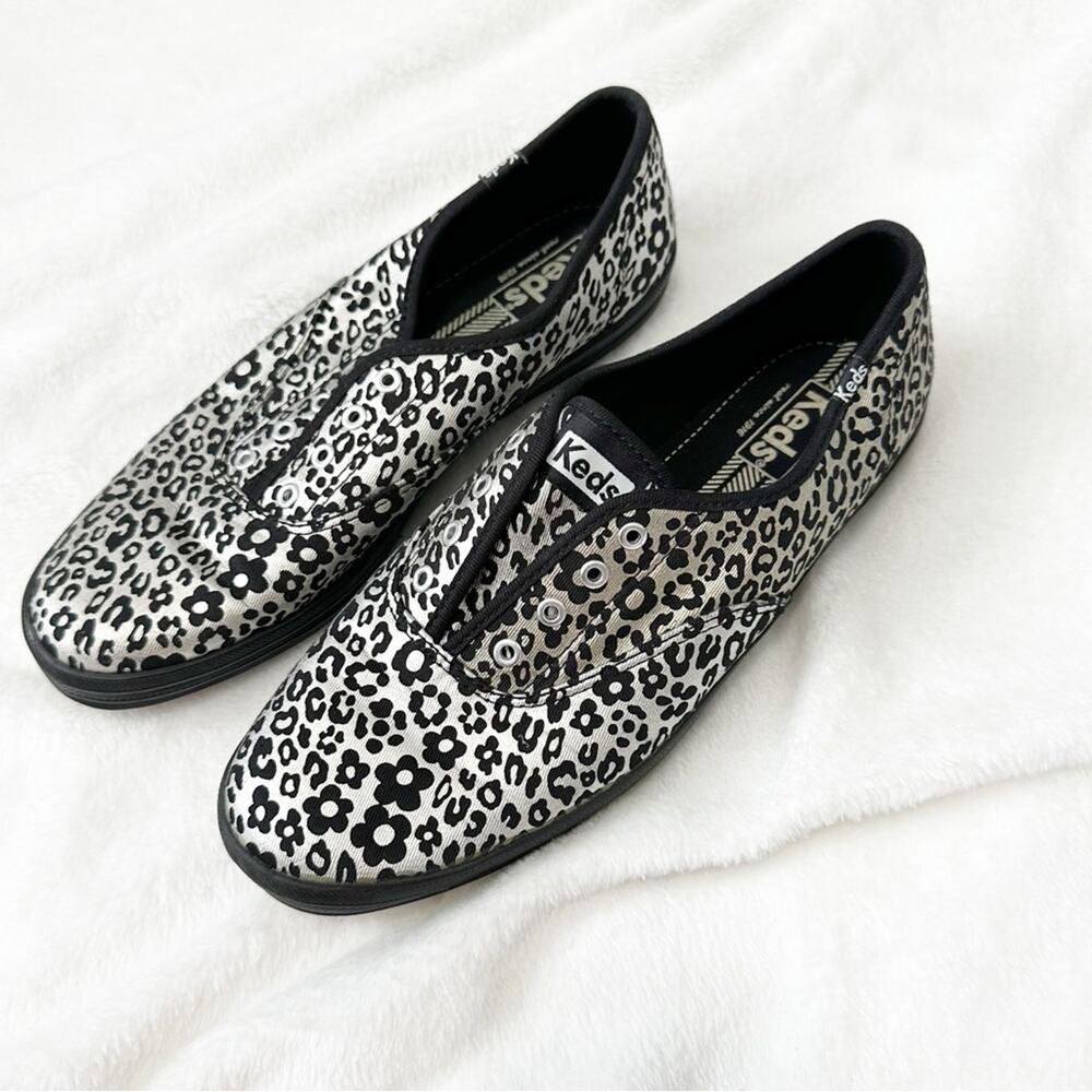 Keds blacks and silver floral sneakers laceless slip on size 8